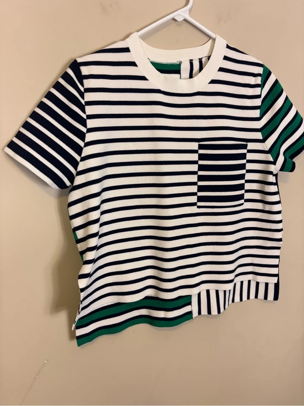 Tory Burch Sport White, Black & Green Striped Short-Sleeve Pocket Tee Medium